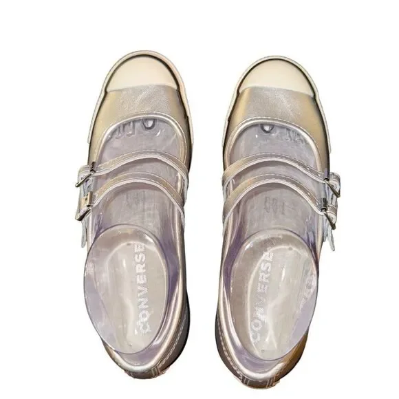 Converse Dainty Mary Jane Slip Strap Shoes Silver Metallic Sneakers Leather - Picture 4 of 5